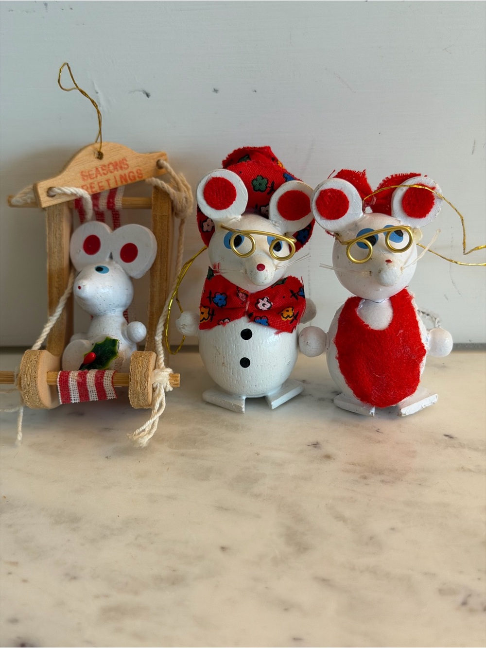 Vintage White Mice Christmas Ornaments Taiwan Set of 3